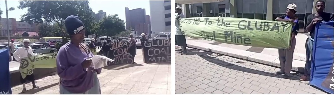 Duas fotos, ambas num local urbano, com pessoas a segurar cartazes emsegundo plano.