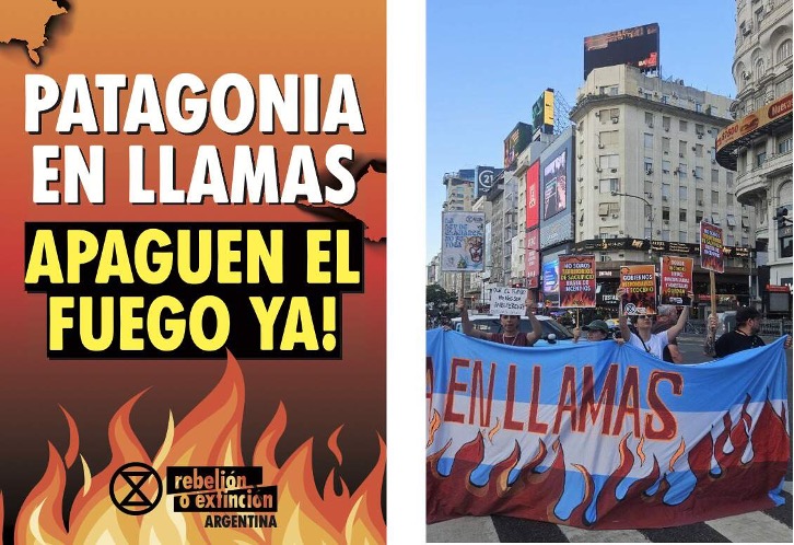 Plakat z napisem „patagonia en llamas apaguen el fuego ya!”. Obok niegozdjęcie marszu protestacyjnego przez miasto.
