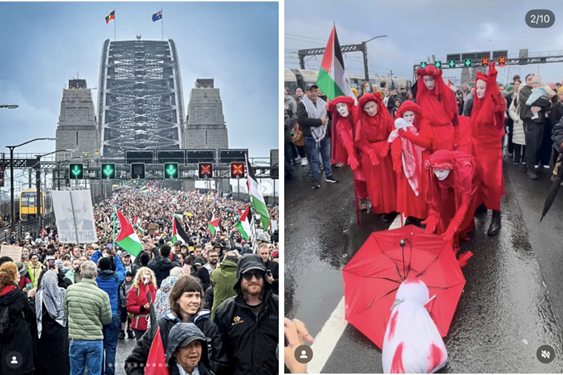 Duas fotos, pessoas a caminhar sobre uma ponte e rebeldes vermelhos aapresentarem-se silenciosamente